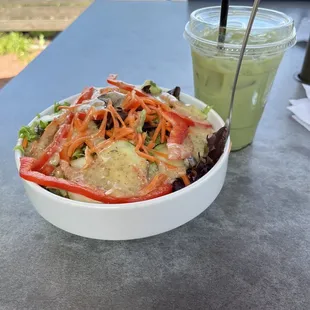 Salad and iced matcha latte
