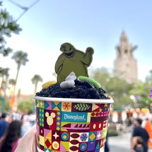 a person holding a cup of disneyland ice cream