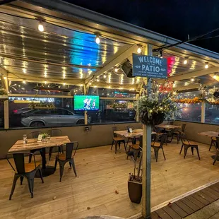 patio with heaters and TV