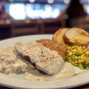 Wednesday Special-Chicken Fried Steak, country gravy, jalapeno corn and garlic bread.