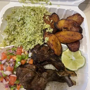 Grilled Cordero (lamb chops) with cilantro rice and plantains ($23)