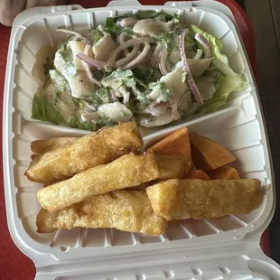 Ceviche de pescado, with sweet potato and yuca fries.