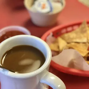a plate of chips and a cup of coffee