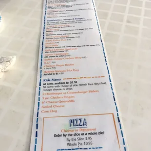 Poolside menu