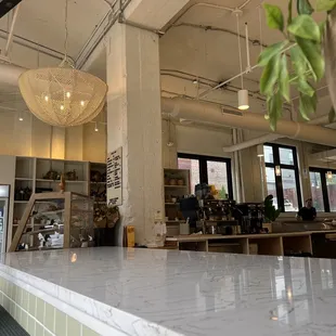 a view of a restaurant counter