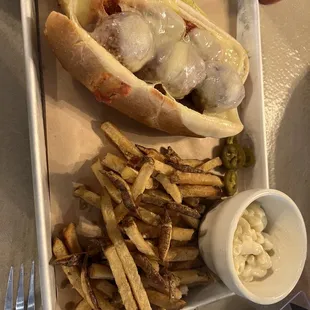 Meatball hoagie , fresh fries and Mac and cheese