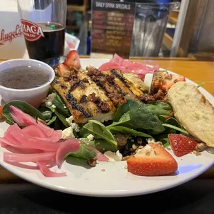 a plate of food and a drink