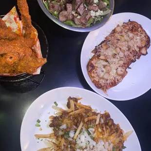 Buffalo Chicken Fries Jenn&apos;s Steak Salad 12&quot; BBQ Chicken Pizza Chili Cheese Fries