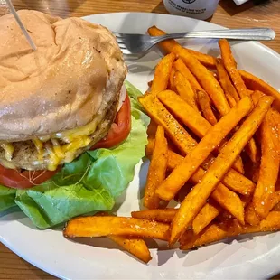 Veggie burger with sweet potato fries