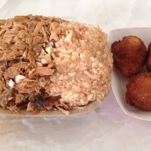 Large pulled pork with bbq slaw and hushpuppies (3). Lotta pork packed in there.