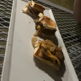 Sliders after onions were added.  I&apos;m sorry not only was flavor lacking- presentation is pitiful
