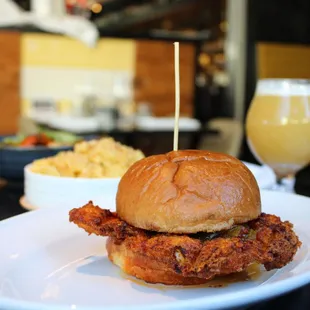 Fried Chicken Sandwich: Tennessee hot spices, pimento cheese, pickle relish, brioche, fries