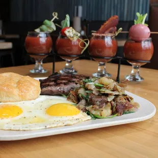 Steak and Eggs with a Bloody Mary Flight