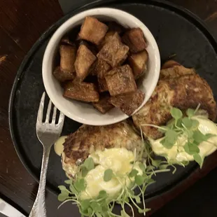 Crab Cake Benedict with hash browns