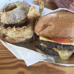 Double meat double cheese and fried onion rings, very good!