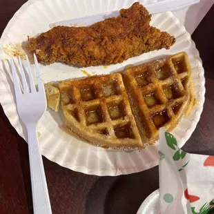 Chicken &amp; Waffles   Comes with 2 large chicken tenders and a large Waffle (picture only half)