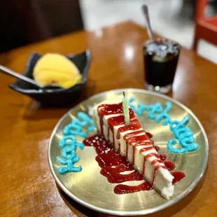 Birthday cake, mango sorbet, grass jelly