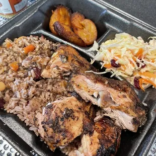 Large Jerk Chicken Meal, Fried Ripe Plantains, Coleslaw, Rice N Peas