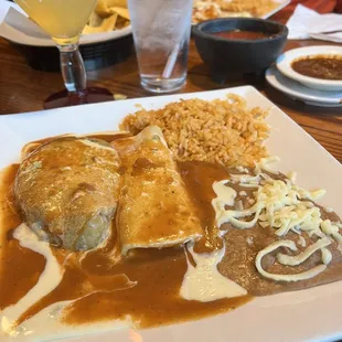 Combination, enchilada, Chile Relleno, rice and beans (able to make entrees vegetarian. Bean, or cheese substitutes.