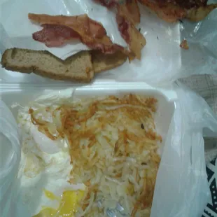 Bacon, hashbrowns, eggs and toast $6.29