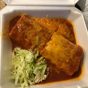 Bean and cheese enchilada style. Asked for green sauce, but looks good.