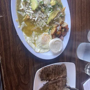 Chilaquiles con Arrachera over easy eggs!