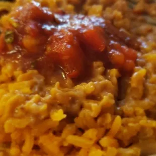 Mix the rice and beans and top with salsa