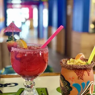 Top shelf strawberry margarita and cantarito