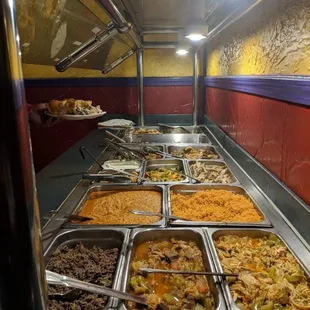a buffet of food in a restaurant