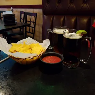 a bowl of chips and a glass of beer