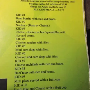 Kids menu