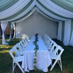 White and sage draping with crystal chandelier for