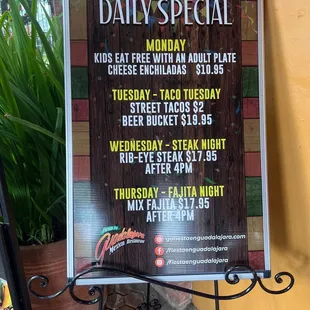 Daily special menu