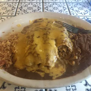 Partially eaten chicken fajita enchiladas