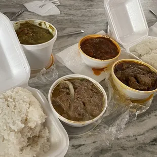 Beef stew, pork adobo, pork in coconut milk, chicken curry with rice