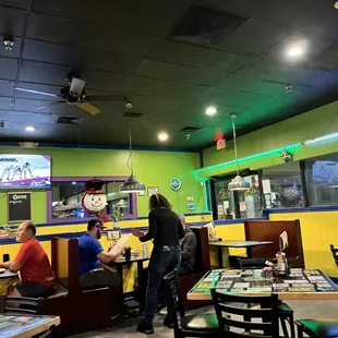people sitting at tables in a restaurant