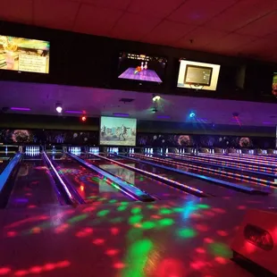 a bowling alley at night
