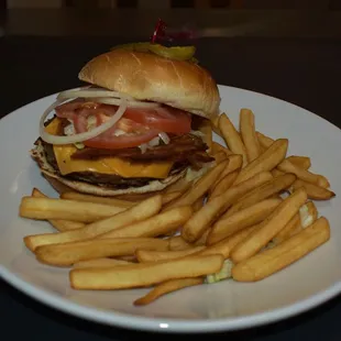 a hamburger and french fries