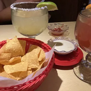 chips and queso, lime and raspberry margaritas