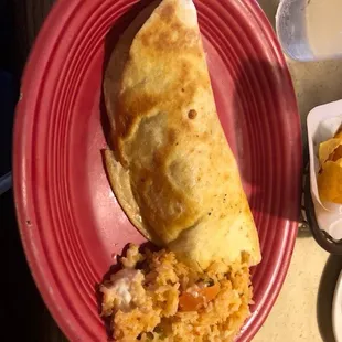 Chicken quesadilla with side of rice