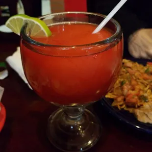 a drink and a plate of food