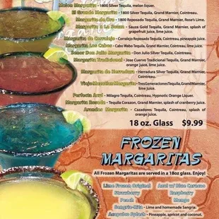 a menu for a frozen margarita