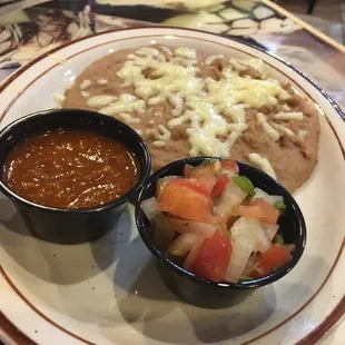 Pico, salsa and some rather tasteless refried beans.