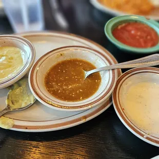 Hot salsas and other sauces with the chips.