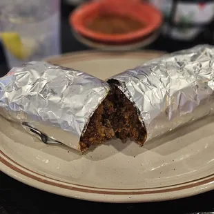 Beef burrito with chorizo.