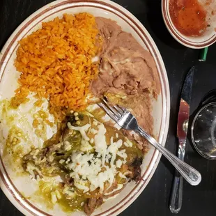 Chile Rellano with fajita beef, rice and beans.