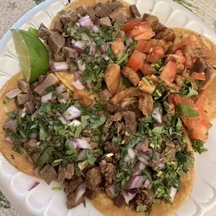 Left: lengua, Right top: chicharrones, Right bottom: asada.