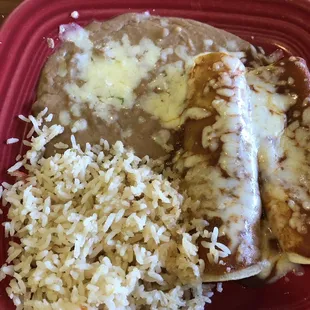 Cheese Enchiladas, beef enchilada, rice, beans