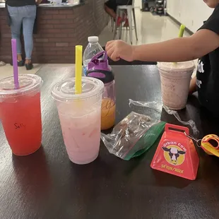 Sally tea from their October menu, strawberry post-workout rebuild strength  , and a chocolate banana kid shake. Sooo good!