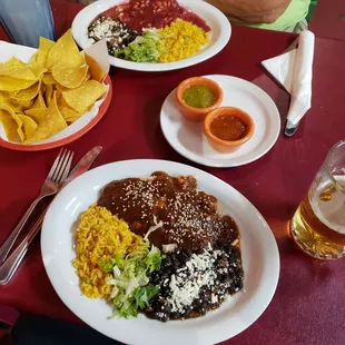 Chips, salsa. Two kinds of mole